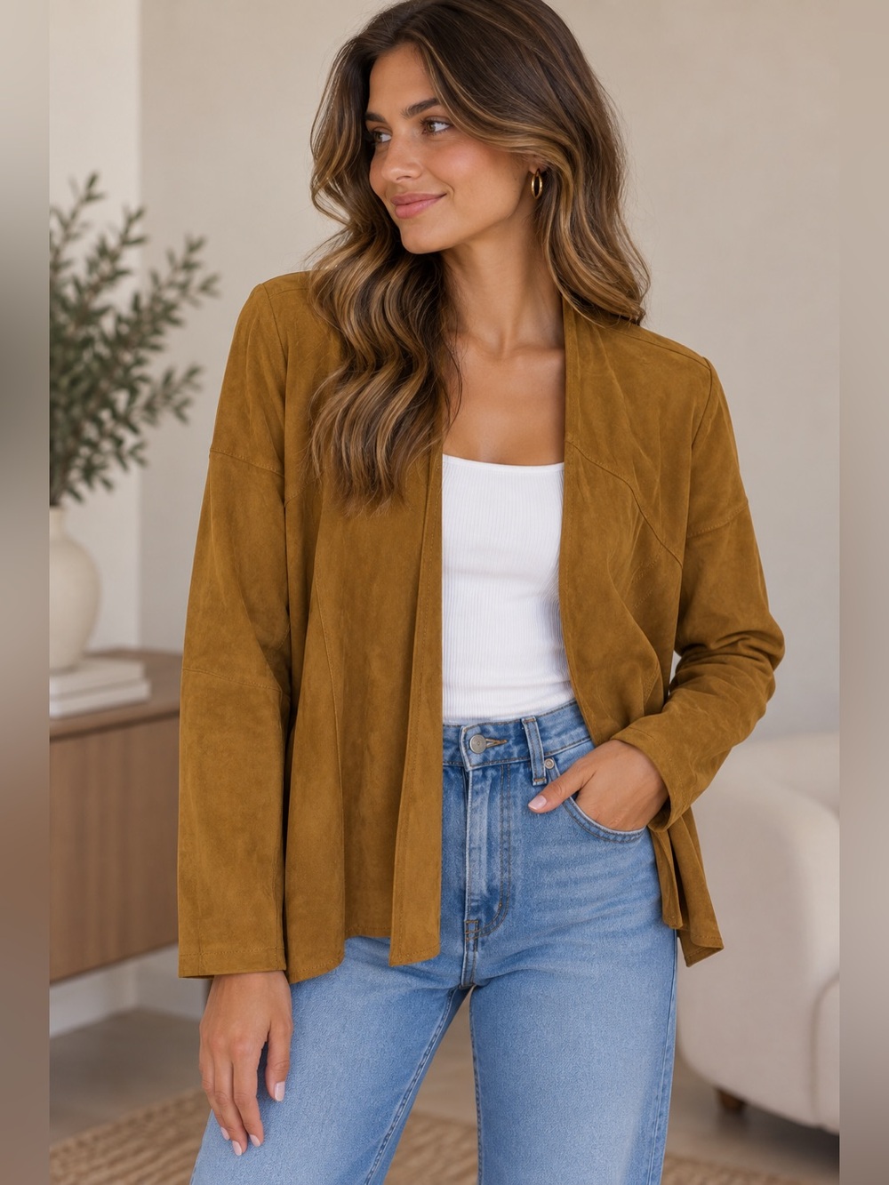Coldwater Creek Brown Suede Open-Front Jacket